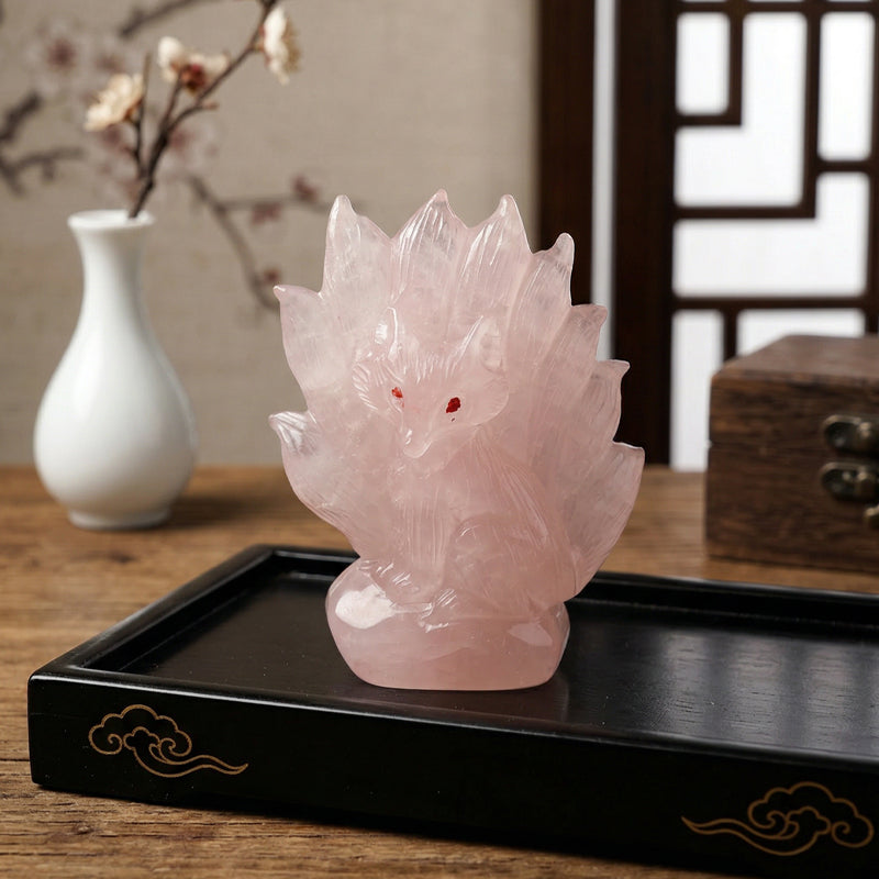 粉水晶九尾狐仙風水擺件