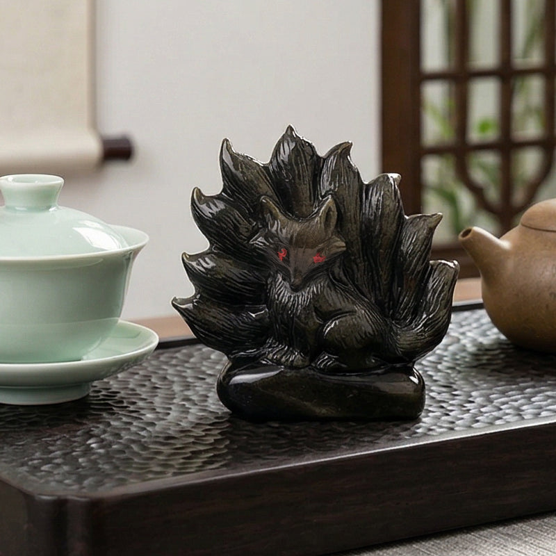 彩金曜石九尾狐仙風水擺件